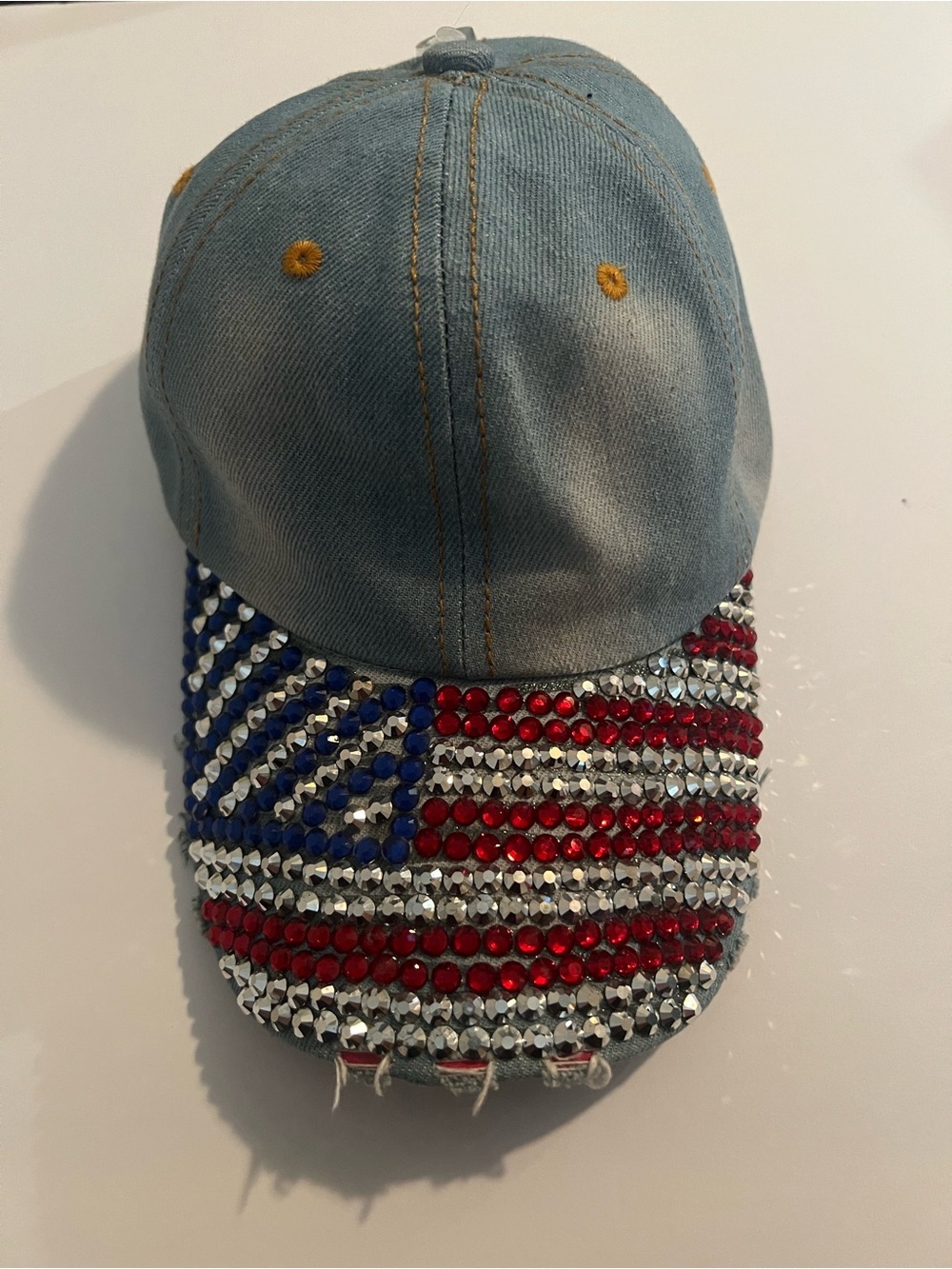 Jewel Studded US Flag Baseball Cap Bling Rhinestone USA Jean Distressed Hat